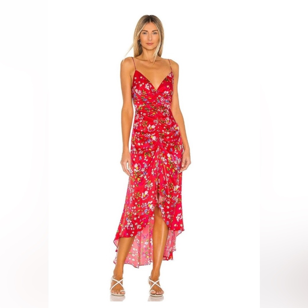Sau Lee NWT Sofia Satin Midi Dress in Red Floral size 0 Revolve